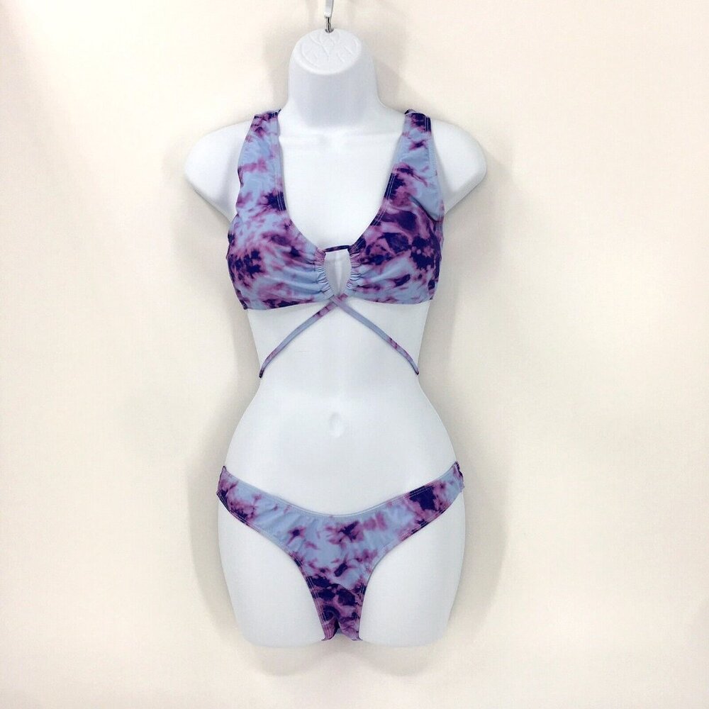 Purple Tie Dye Bikini Women's  Wrap Top Hi Leg Cheeky Bikini Swimsuit Sz L BOHO